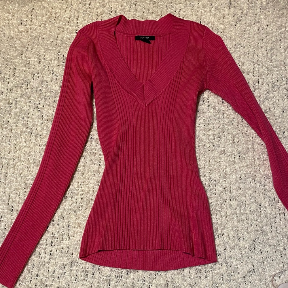 V-Neck Ribbed Knit Sweater in hot pink